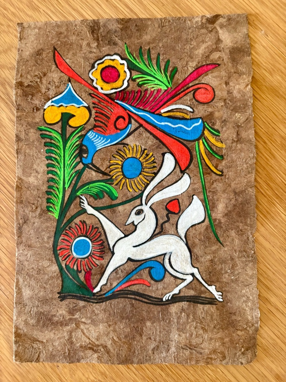 Hand-Painted Mexican Folk Art Rabbit on Bark - White, Multicolor
